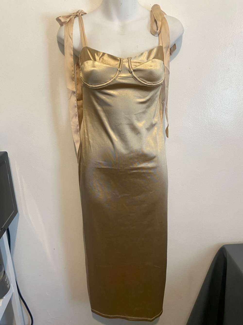 We The Free Metallic Gold Satin Slip Dress with Tie Straps